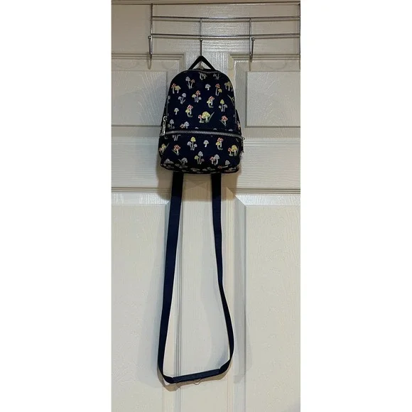 Navy Blue Mushroom Print Mini Backpack Cottagecore Nylon Small Bag - Picture 8 of 8